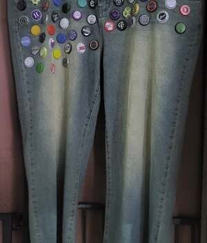 Custom Upcycled Beer Bottle Cap Embellished Straight Leg Jeans Size 20